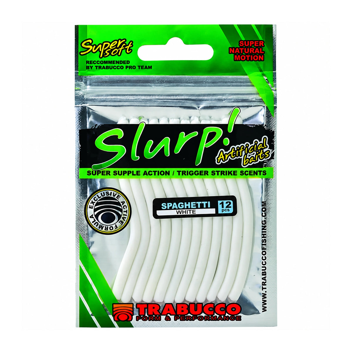 Trabucco Slurp Spaghetti verpakking met witte aasstrengen en opdruk WHITE 12 pcs