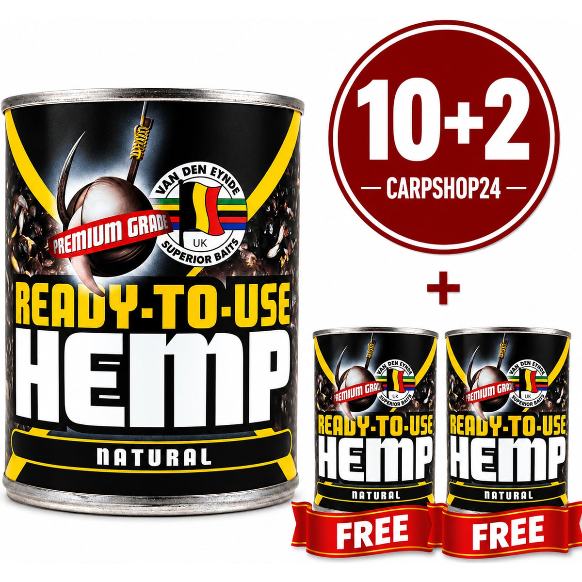 Van den Eynde Hemp Natural: drie blikken met 10+2-badge en twee FREE-linten.