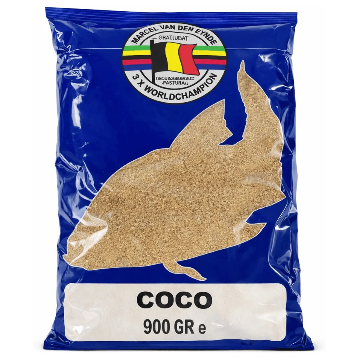 Blauwe Van Den Eynde Coco-verpakking met visvormig venster en opdruk 900 GR