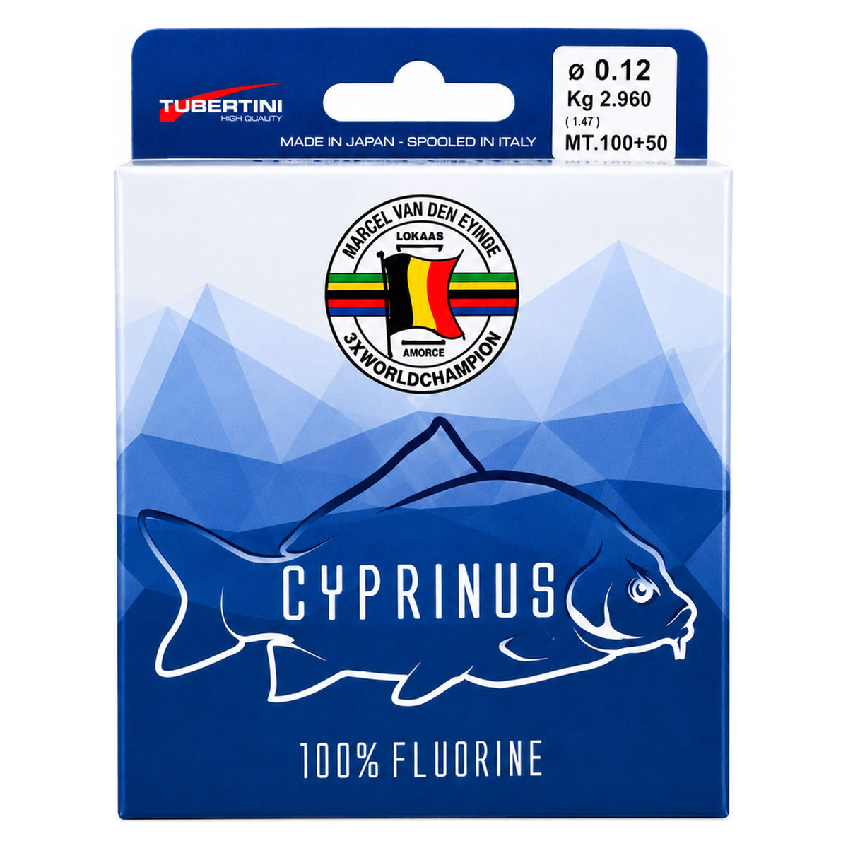 Van den Eynde Cyprinus 150 m nylon vislijn – voorzijde van de 0.12 mm verpakking