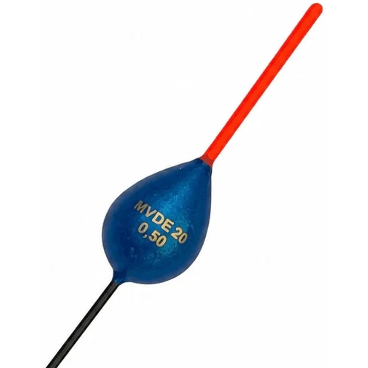 Blauwe MVDE 20-dobber met rode antenne en zichtbare opdruk 0.50