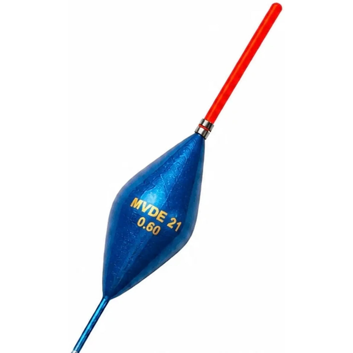 Blauwe MVDE 21-dobber met rode antenne, metalen ring en zichtbare opdruk 0.60