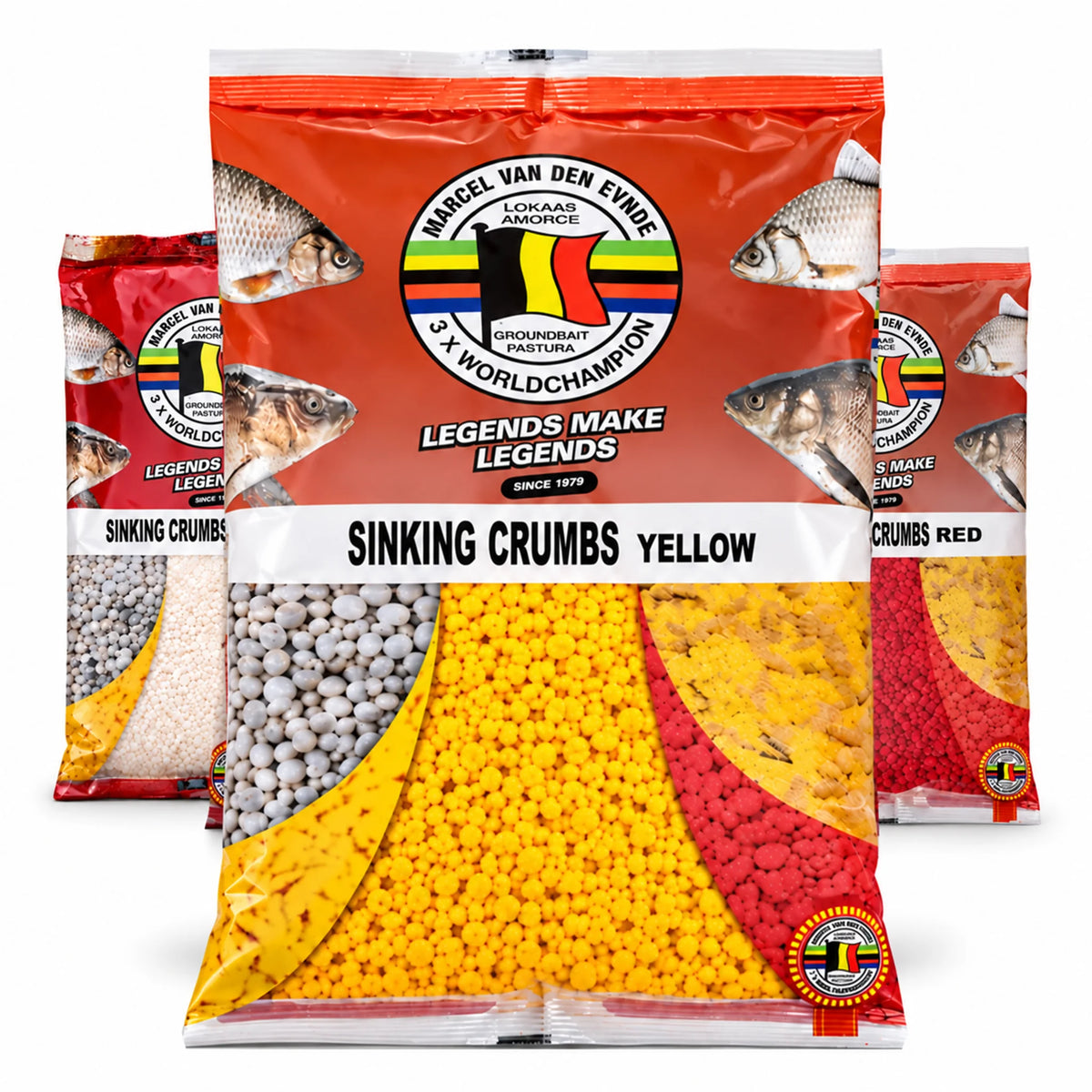 Van Den Eynde Sinking Crumbs 500g – wit, geel en rood; gele verpakking vooraan