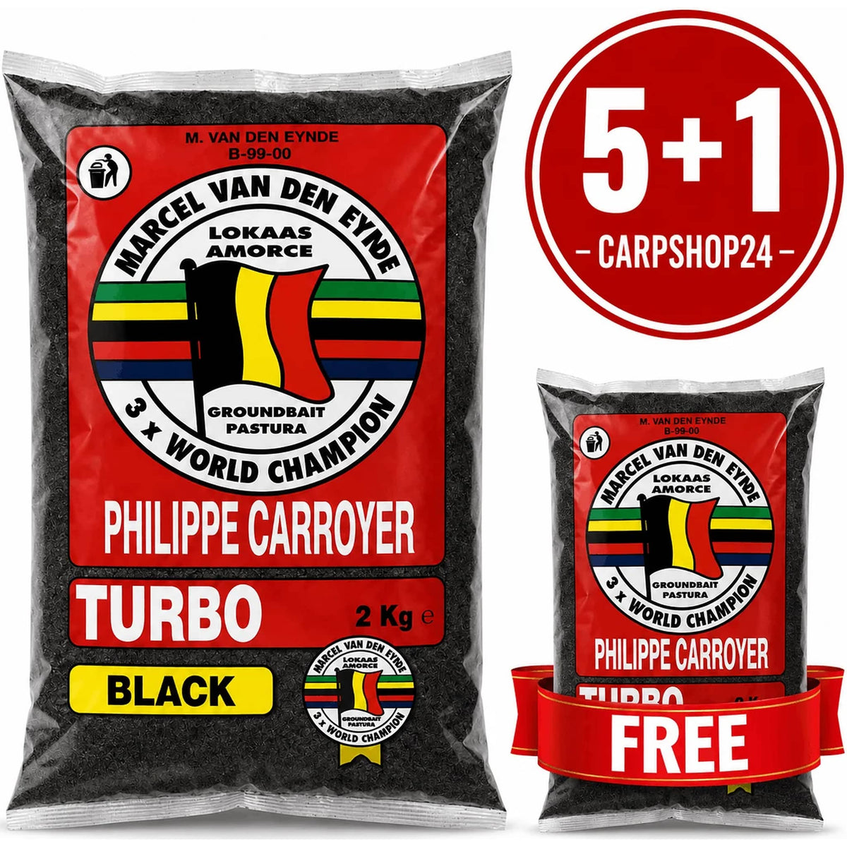 Van den Eynde Turbo Black 2kg – twee zwarte zakken met rode labels, FREE-lint en ronde 5+1-badge.