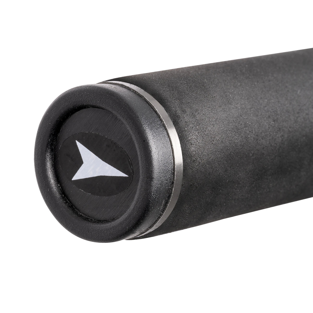 Zebco Feeder Combo – einddop met driehoekig logo en structuur van de zwarte EVA-handgreep