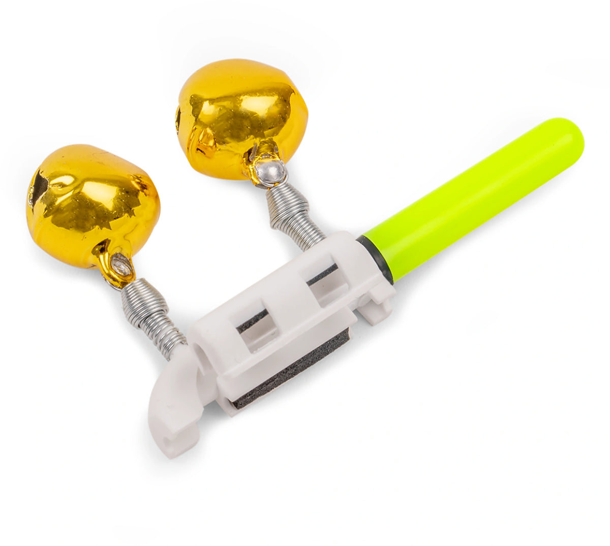 Zebco Battery Bell Light Green Z0800042 – twee goudkleurige bellen op zilveren veren, witte hengelklem met zwart rubber en groen lichtstaafje