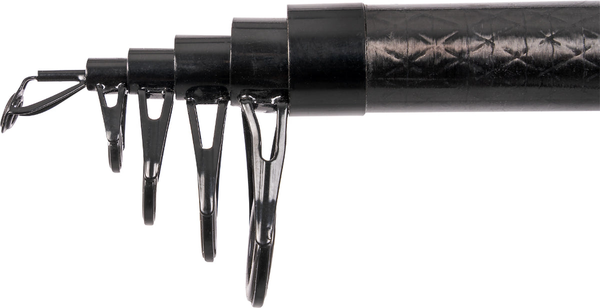 Zebco Float Combo detail van de ingeschoven telescoopdelen en vijf metalen geleideogen