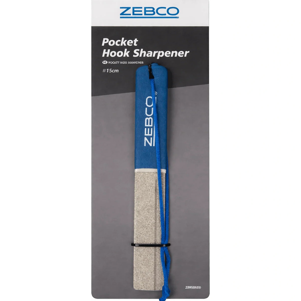 Zebco Pocket Hook Sharpener – blauwe hakenslijper met grijs slijpvlak en blauw koord op een grijze verpakkingskaart.