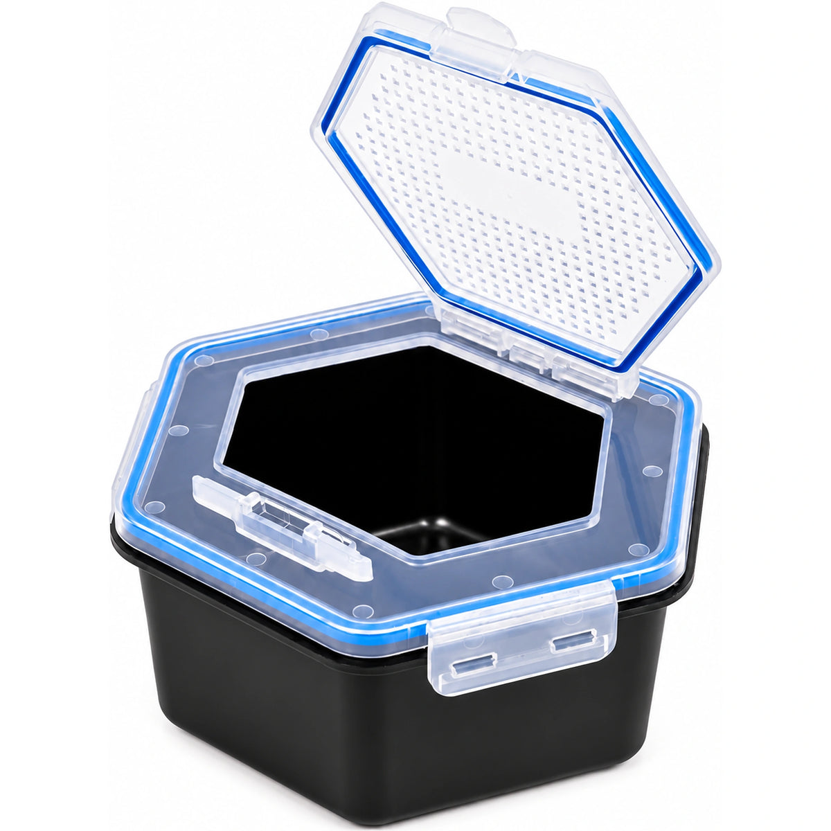 Zebco Secure-Lock aasdoos met open transparant ventilatiedeksel en blauwe afdichting