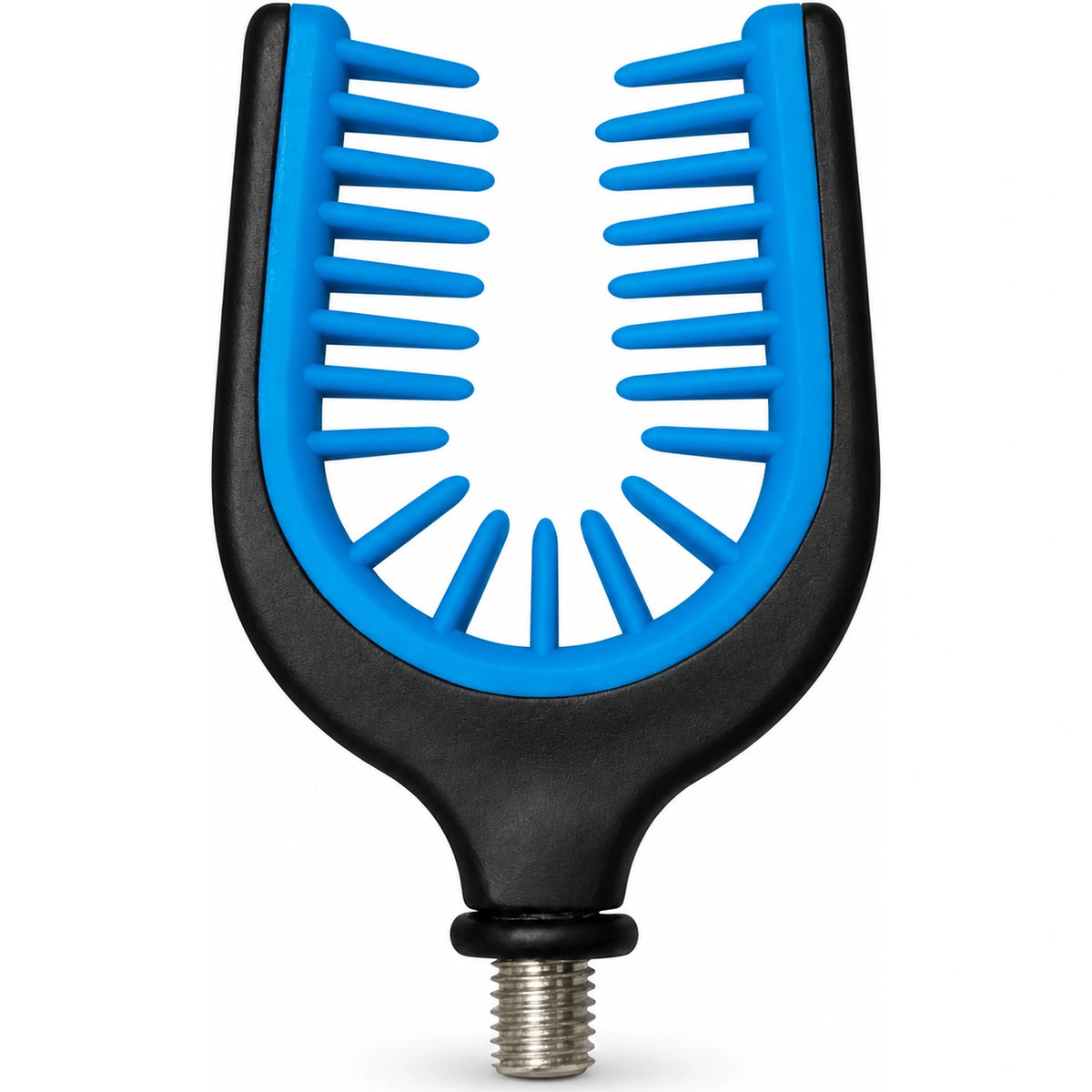 Zebco Trophy Butt Gripper Rest – blauw-zwarte U-vormige klemsteun met naar binnen gerichte vingers en metalen schroefdraad.