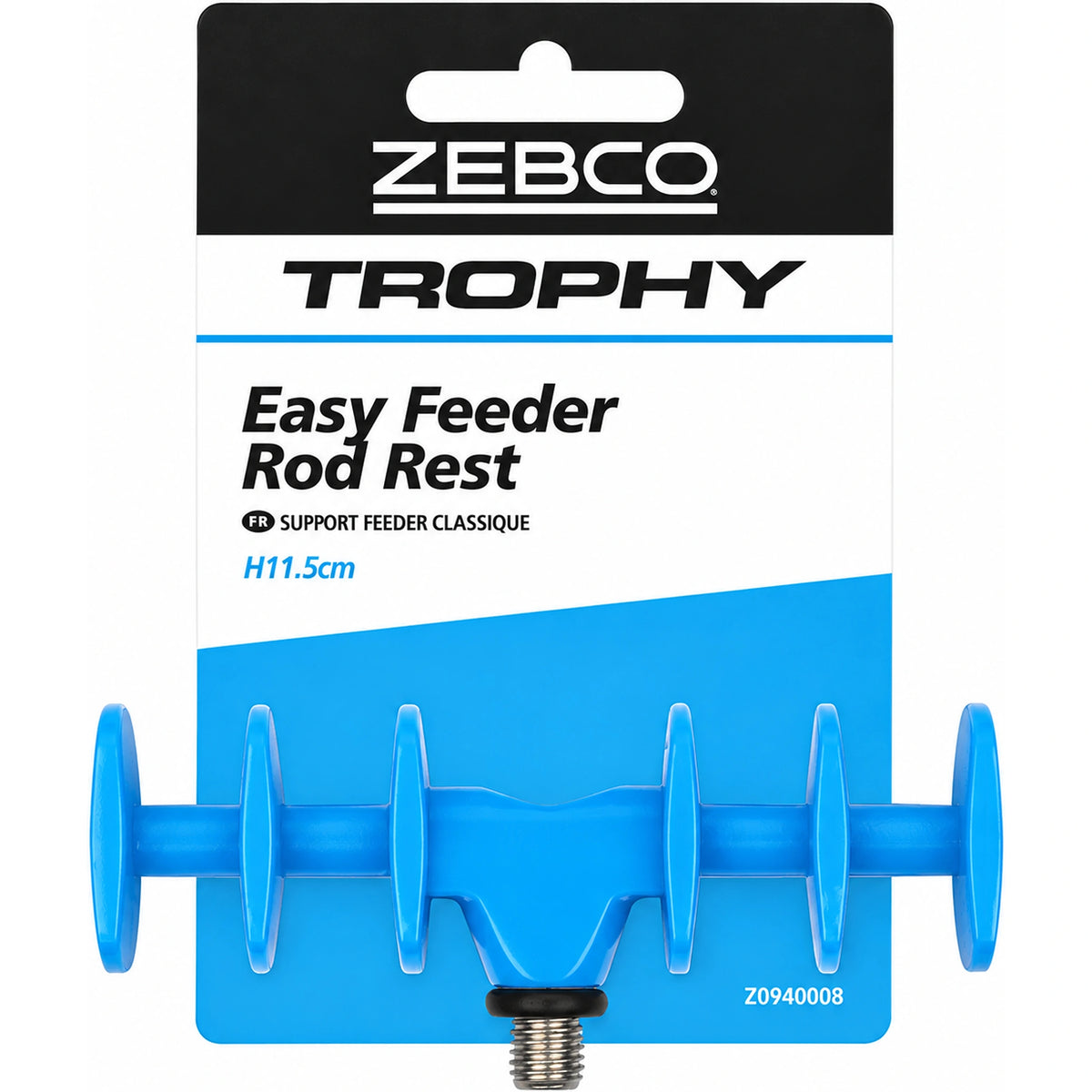 Zebco Trophy Easy Feeder Rod Rest – blauwe feedersteun met schroefdraad op de originele verpakking