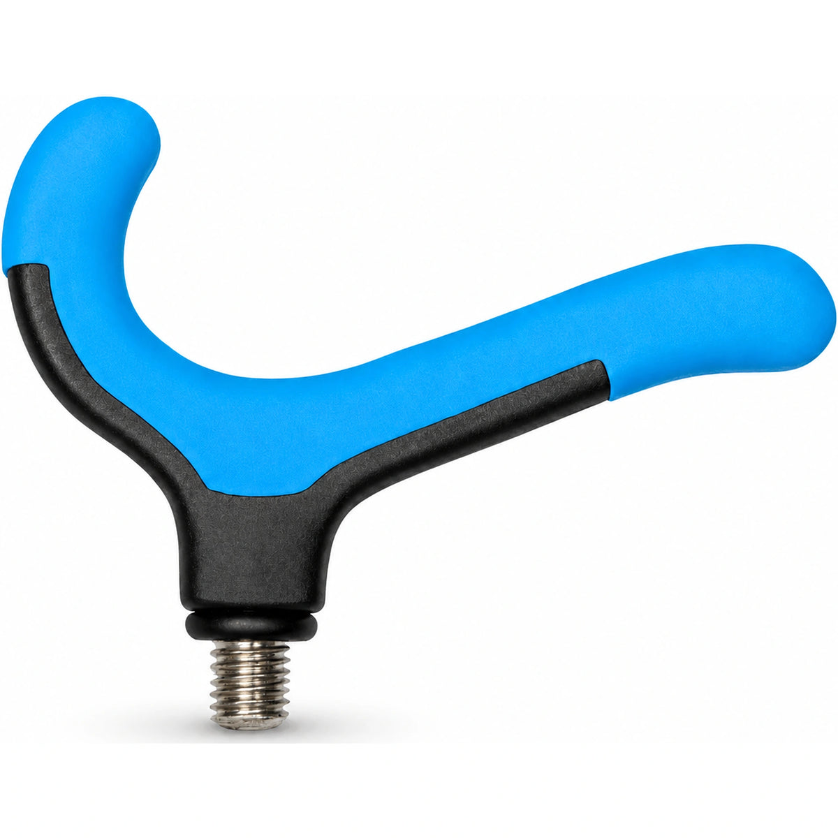 Zebco Trophy Feeder Side Rest – blauwe gebogen feedersteun met hoge linkerzijde, lange rechterarm, zwarte voet en metalen schroefdraad.