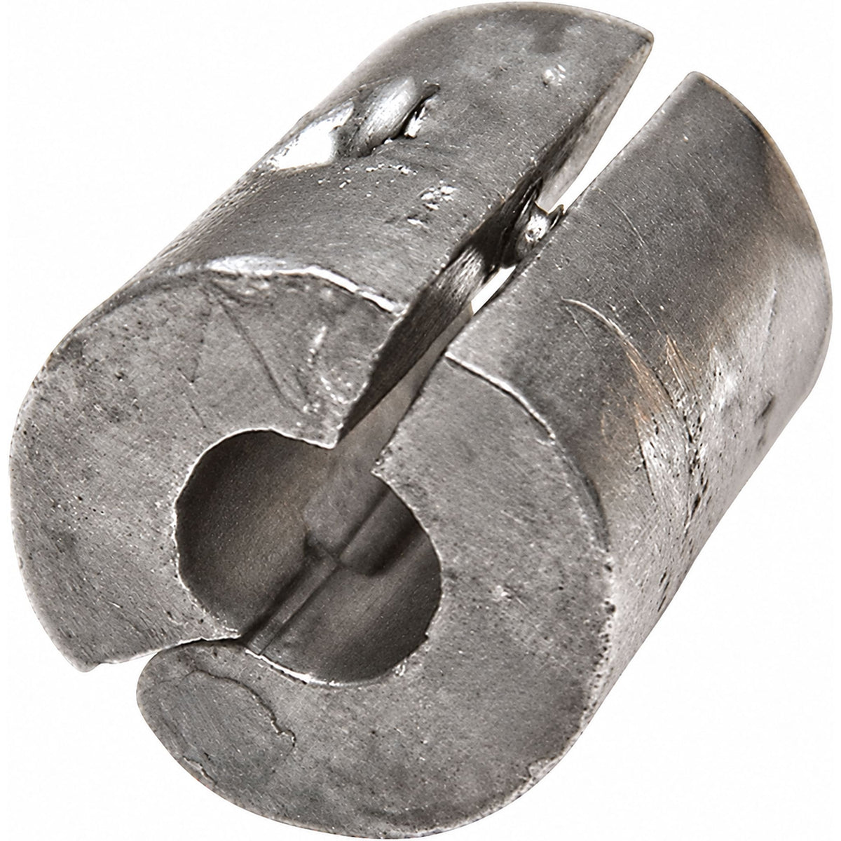 Zebco Trophy leefnetgewicht – grijs metalen klemgewicht met ronde opening en brede sleuf, schuin van voren gezien.