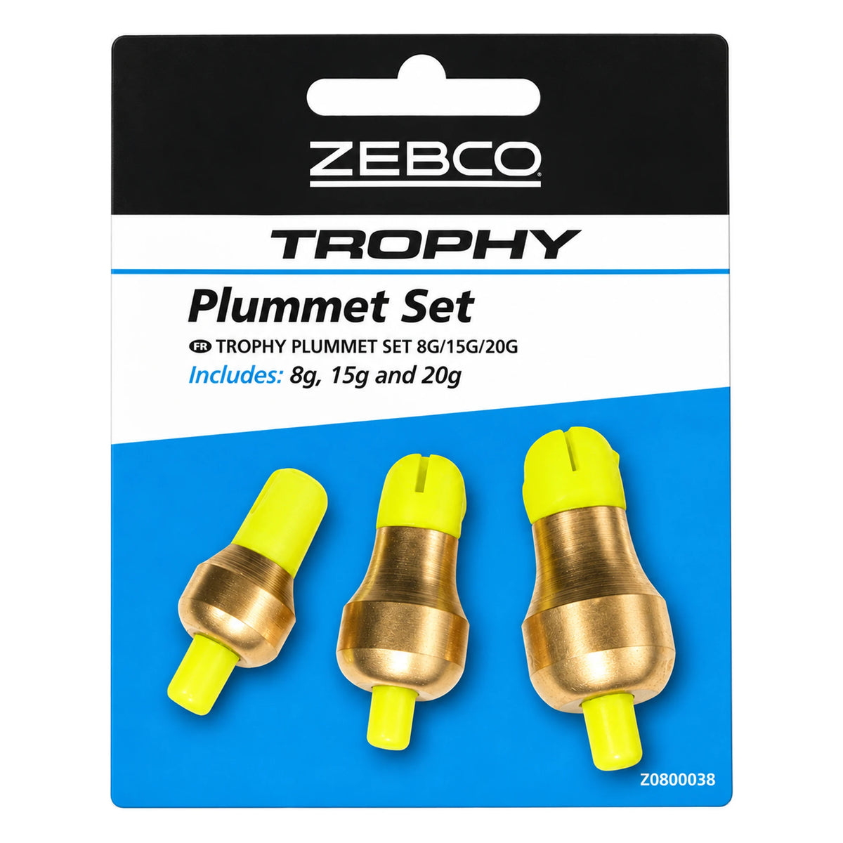 Zebco Trophy Plummet Set in verpakking met drie peilloden van 8, 15 en 20 gram
