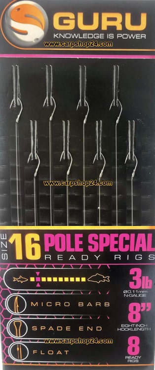 Guru Pole Special Ready Rigs Onderlijnen 6" 20cm Haak 16 0.11mm GRR082
