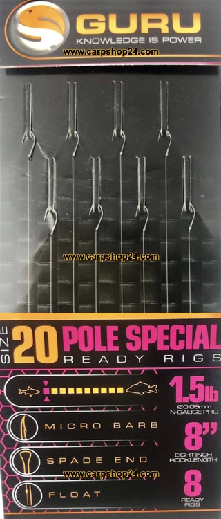 Guru Pole Special Ready Rigs Onderlijnen 6" 20cm Haak 20 0.09mm GRR084