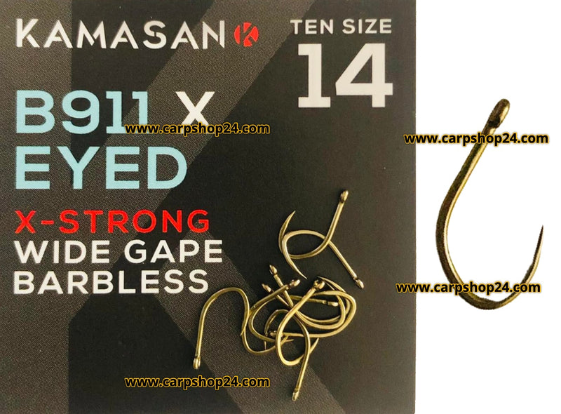 kamasan B911 eyed x strong wide gape barbless haak size 14