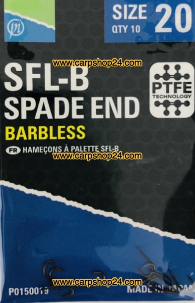 Preston SFL-B Spade End Barbless Haaken Weerhaakloos Bled nr 20 P0150020