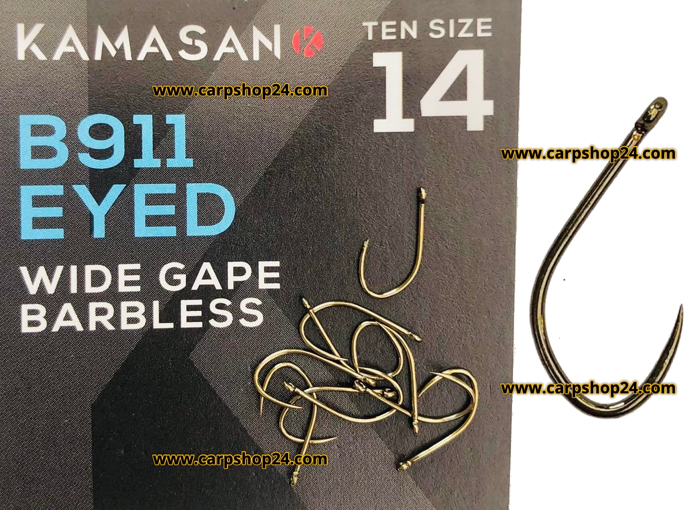 kamasan B911 eyed wide gape barbless size 14